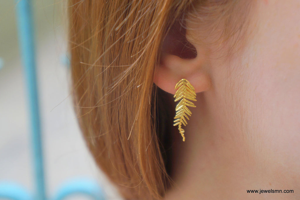Leaf Stud Earrings: Mimosa Acacia Design - Silver or Gold Plated-0