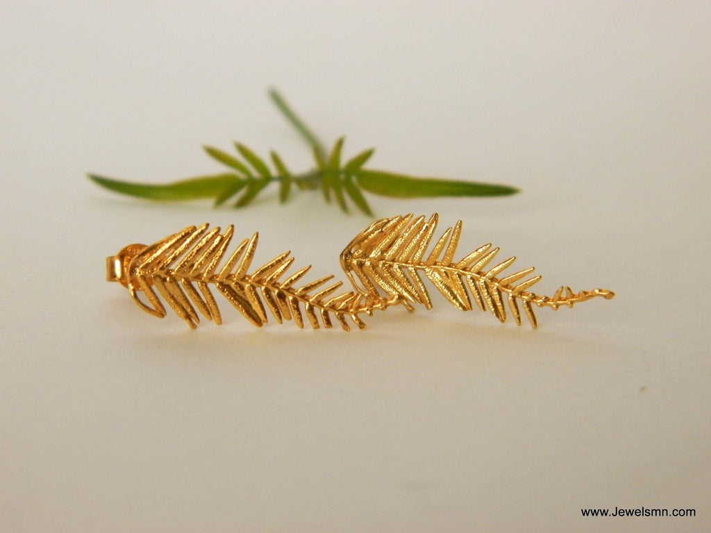 Leaf Stud Earrings: Mimosa Acacia Design - Silver or Gold Plated-2