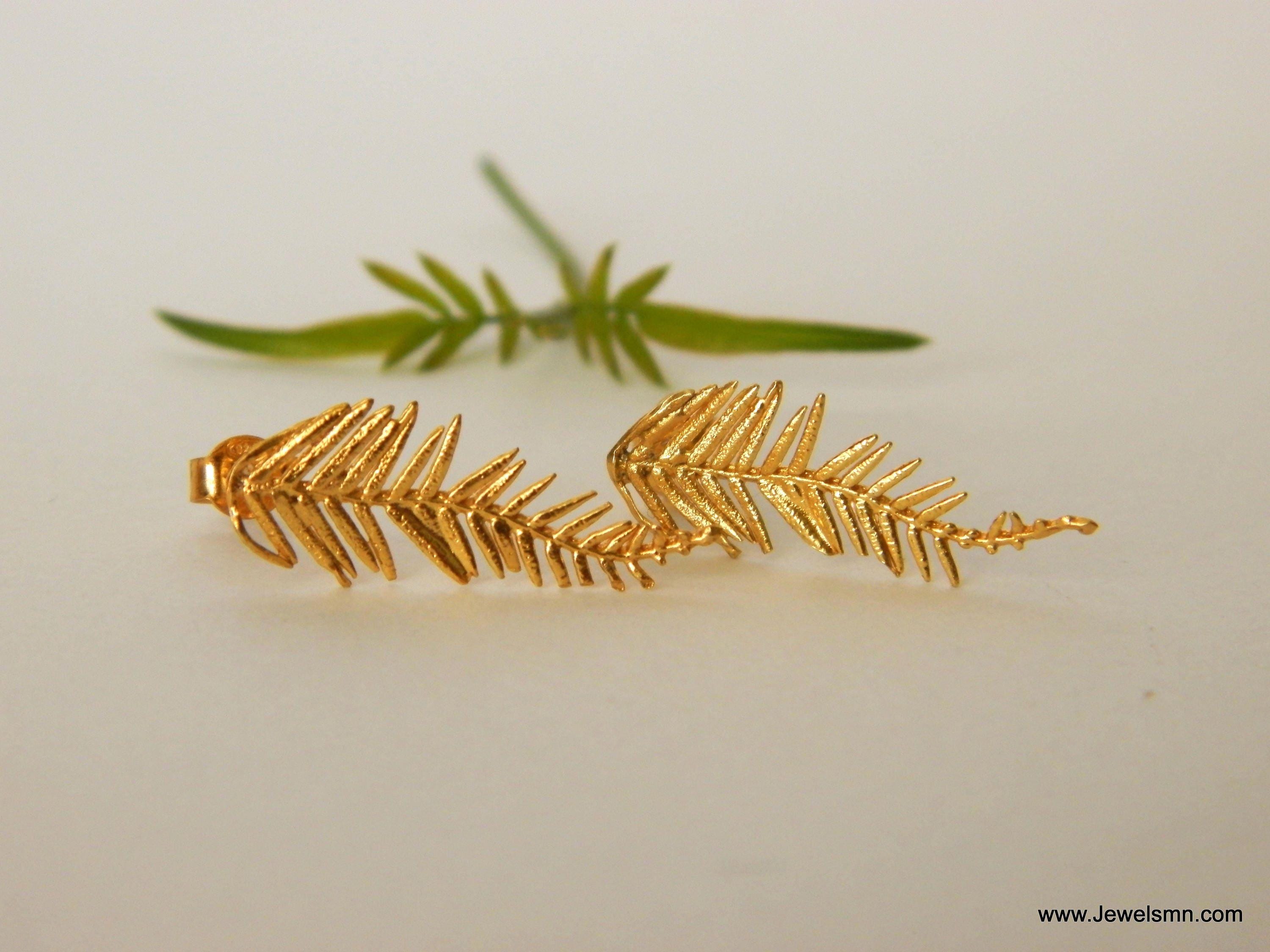 Leaf Stud Earrings: Mimosa Acacia Design - Silver or Gold Plated-2